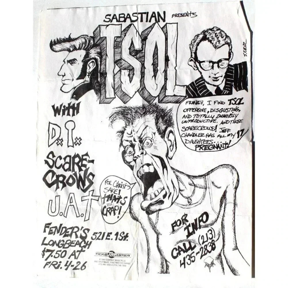 Vtg Rock Thrash Heavy Metal Band Concert Flyer Sabastian Present TSOL LongbeacH